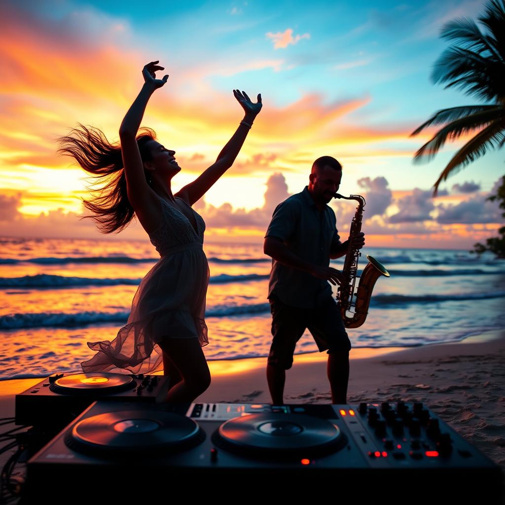 A woman silhouette dancing joyfully on the beach at sunset, with vibrant orange and purple sky colors reflecting on the water