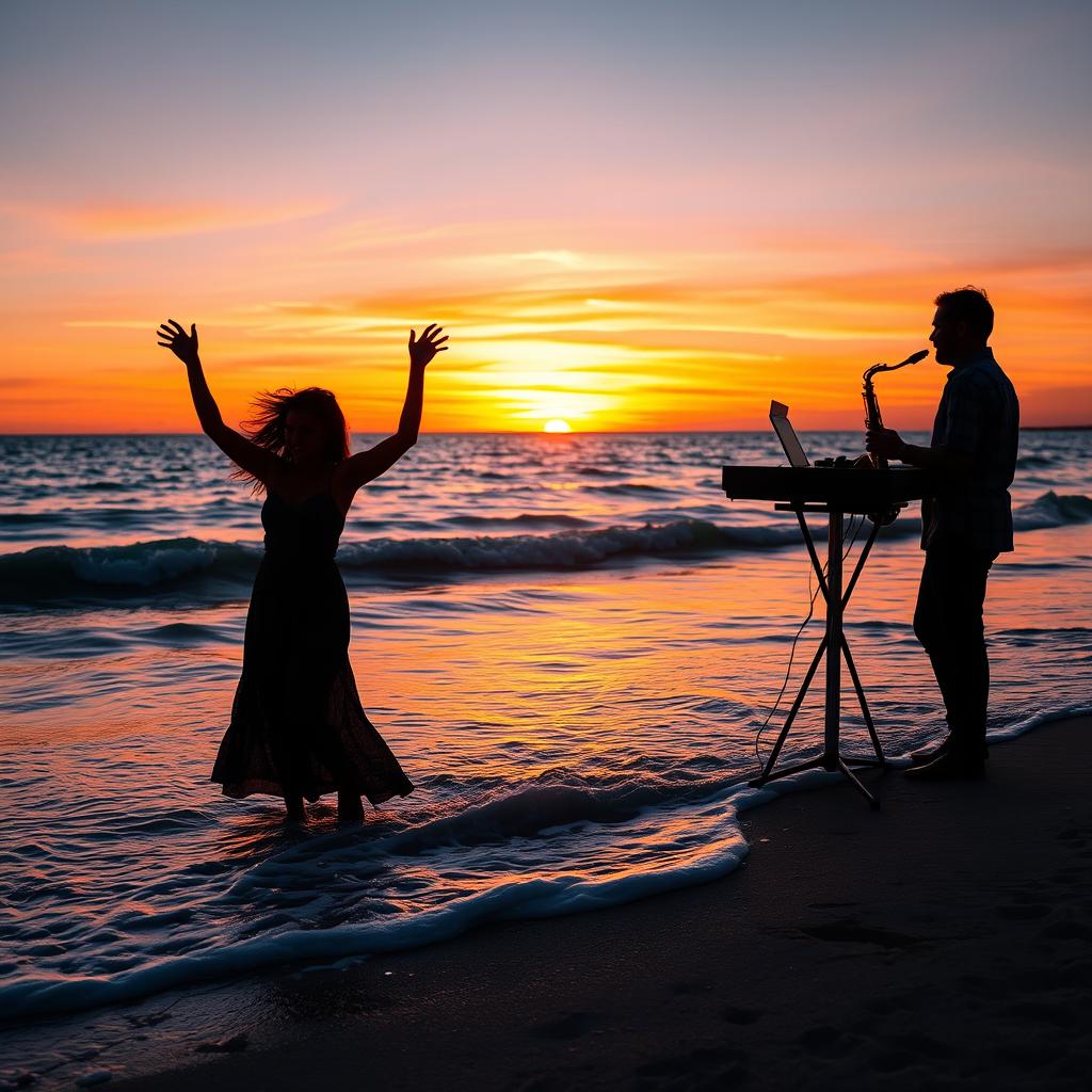 A vibrant sunset beach scene featuring a woman dancing joyfully in silhouette against the glowing sky