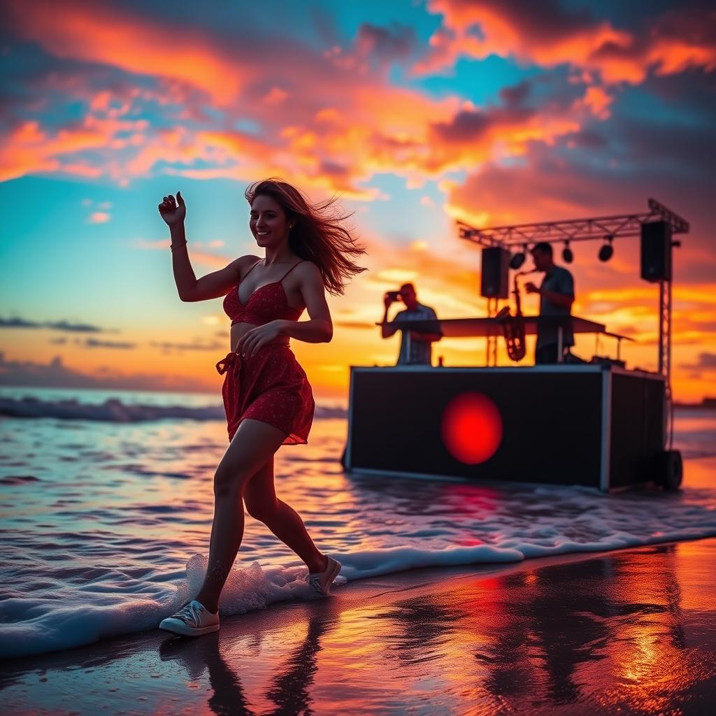 A vibrant scene of a woman dancing joyfully on the beach at sunset, her silhouette striking against the warm hues of the sky