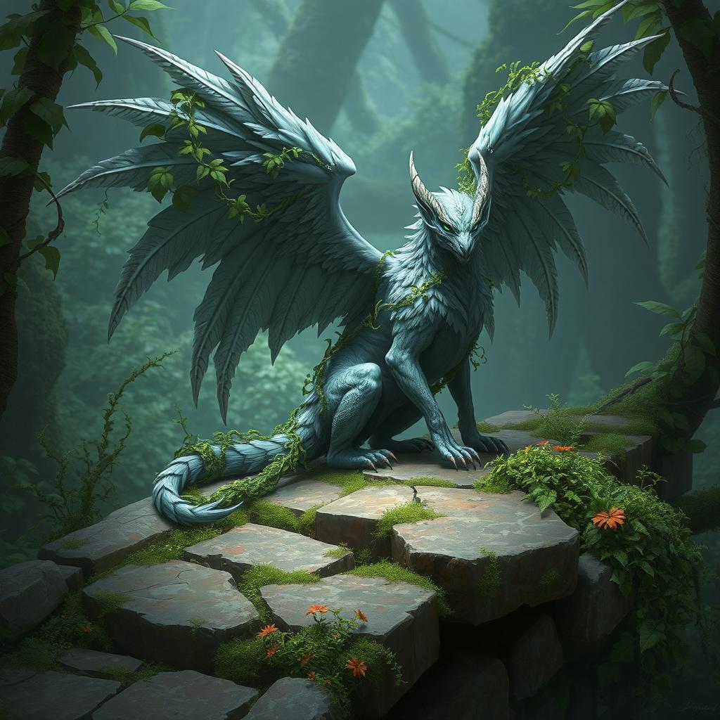 High fantasy concept art featuring a majestic winged sergal with shimmering silver fur and iridescent feathers