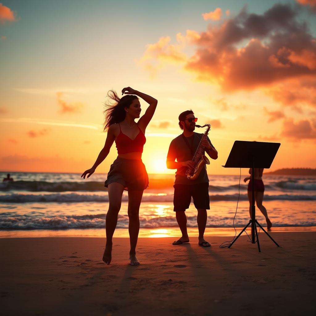 A vibrant sunset beach scene featuring a silhouette of a woman dancing joyfully against the backdrop of the sun setting over the ocean