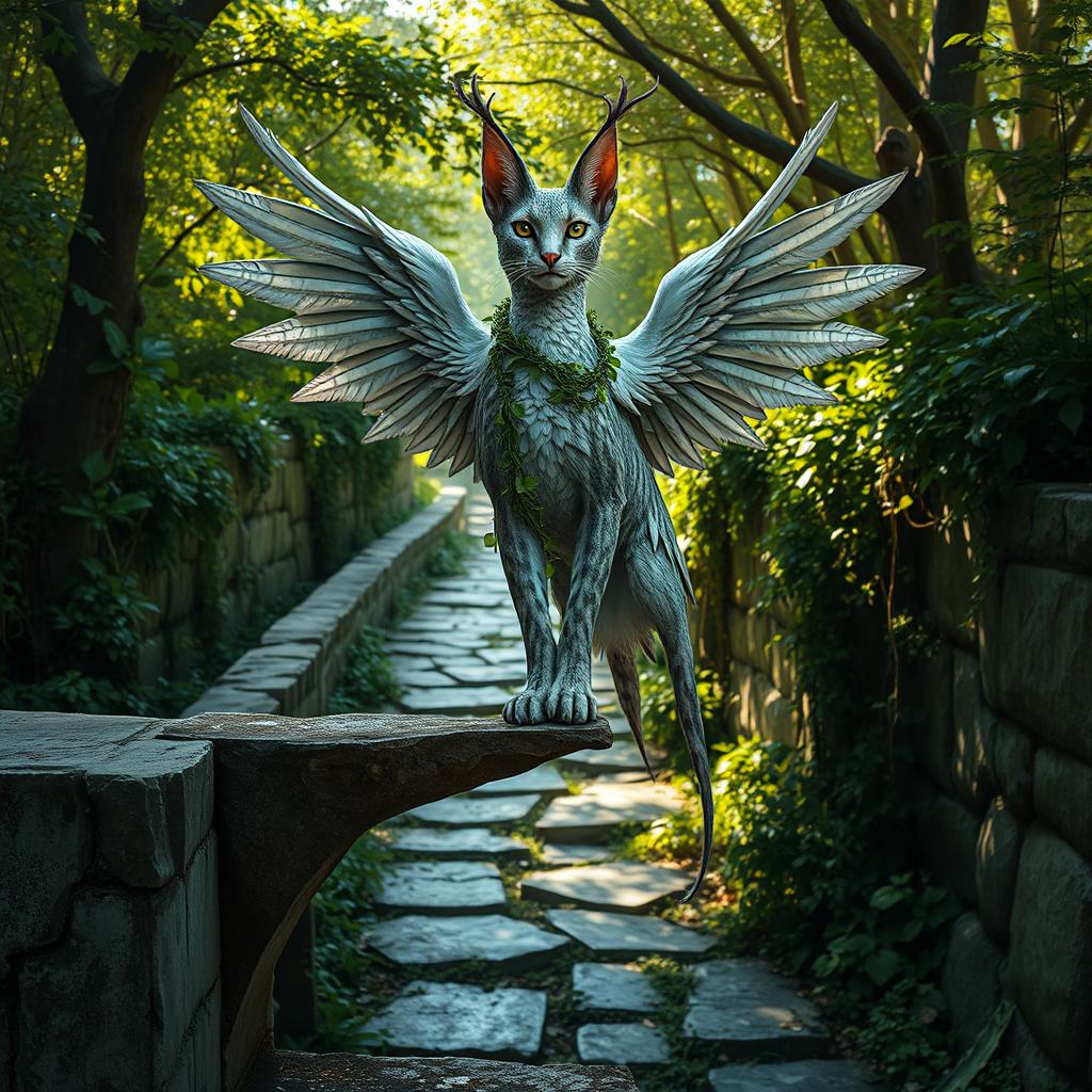 A majestic winged serval with shimmering silver fur and iridescent feathers, intricately adorned with lush green vines, perched gracefully on a crumbled ledge