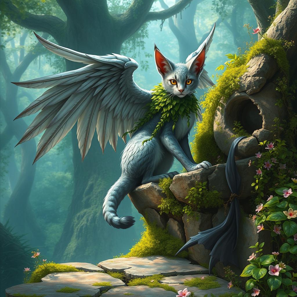 High fantasy concept art featuring a majestic winged serval with shimmering silver fur, adorned with a colorful mantle of lush green vines