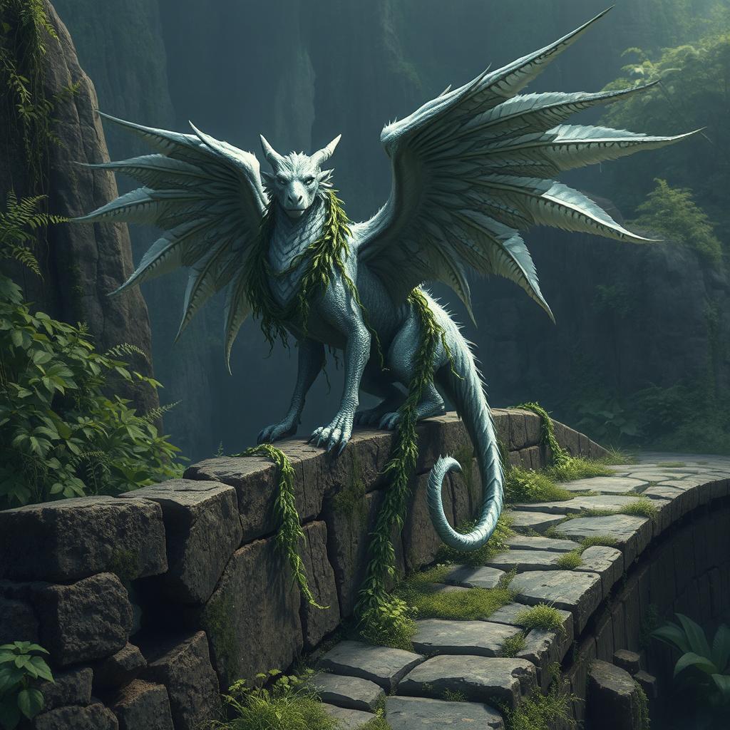 A majestic winged beast with shimmering silver feathers, adorned in a flowing cloak made of lush green vines, perched elegantly on the crumbled ledge of an ancient, weathered, and overgrown stone path