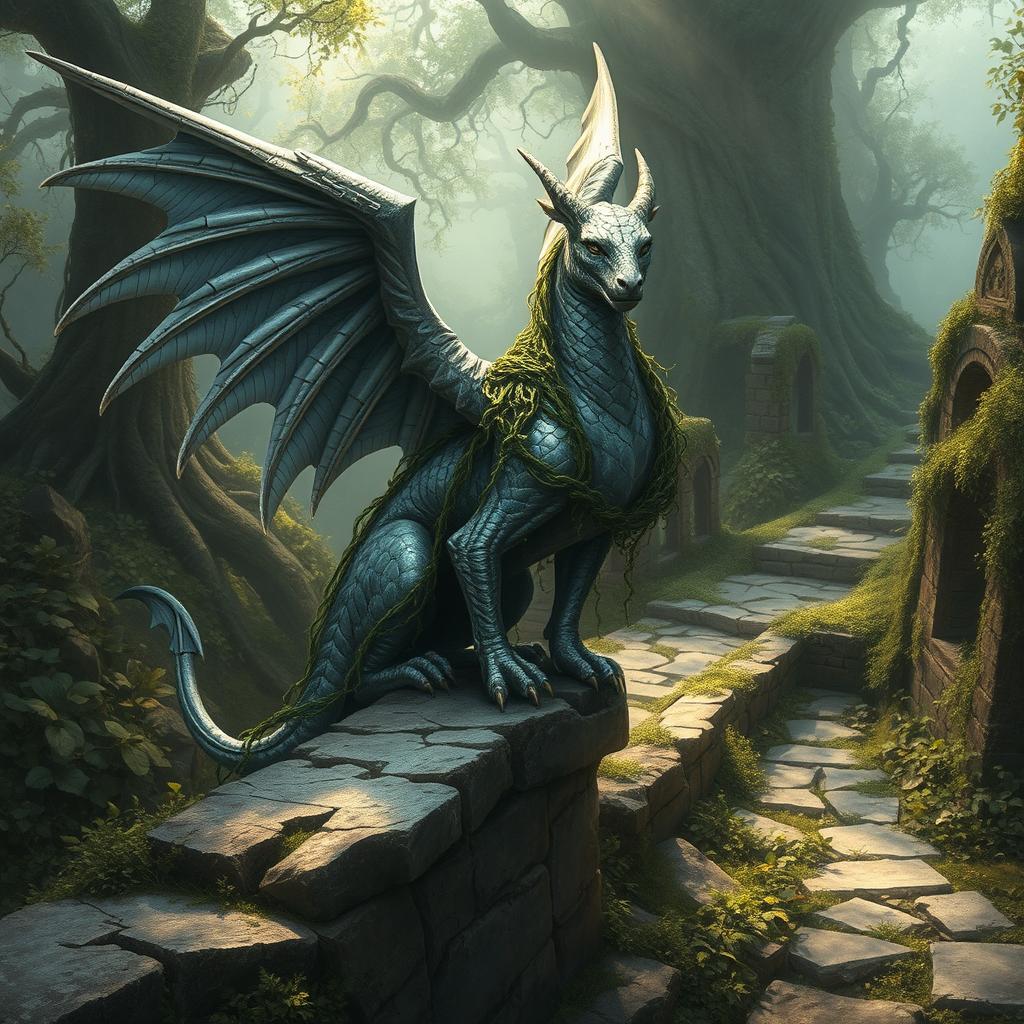 A high fantasy scene depicting a majestic winged beast with shimmering silver scales, adorned with an intricate cloak made of lush green vines