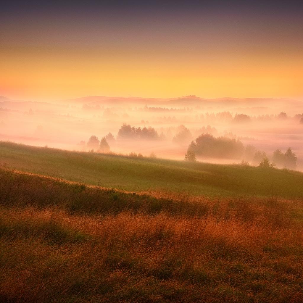 Develop a realistic, enhanced landscape image portraying the ephemeral beauty of dawn over rolling country hills, capturing the soft sunrise hues, the morning mist, and the calm ambiance.