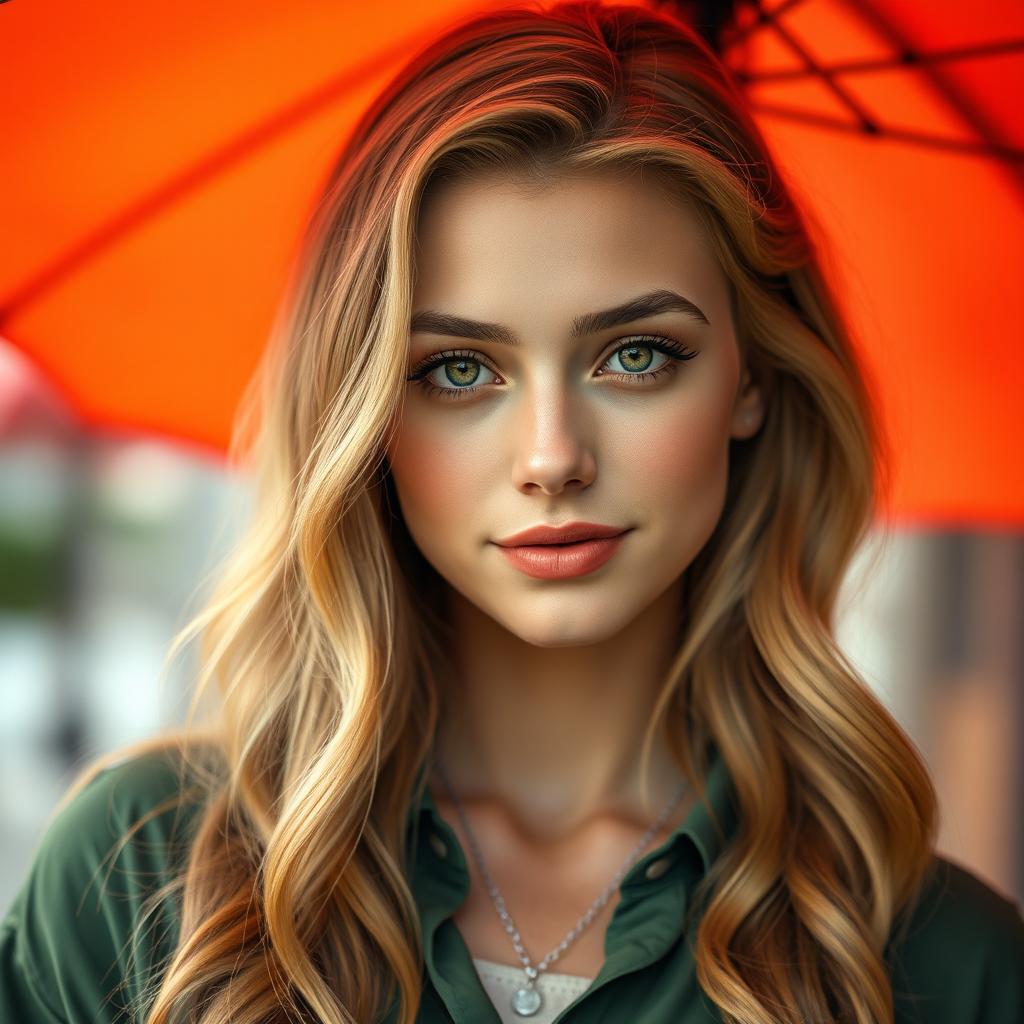 A beautiful young woman with long wavy golden blonde hair and piercing green eyes, showcasing smooth and youthful skin