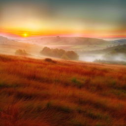 Develop a realistic, enhanced landscape image portraying the ephemeral beauty of dawn over rolling country hills, capturing the soft sunrise hues, the morning mist, and the calm ambiance.