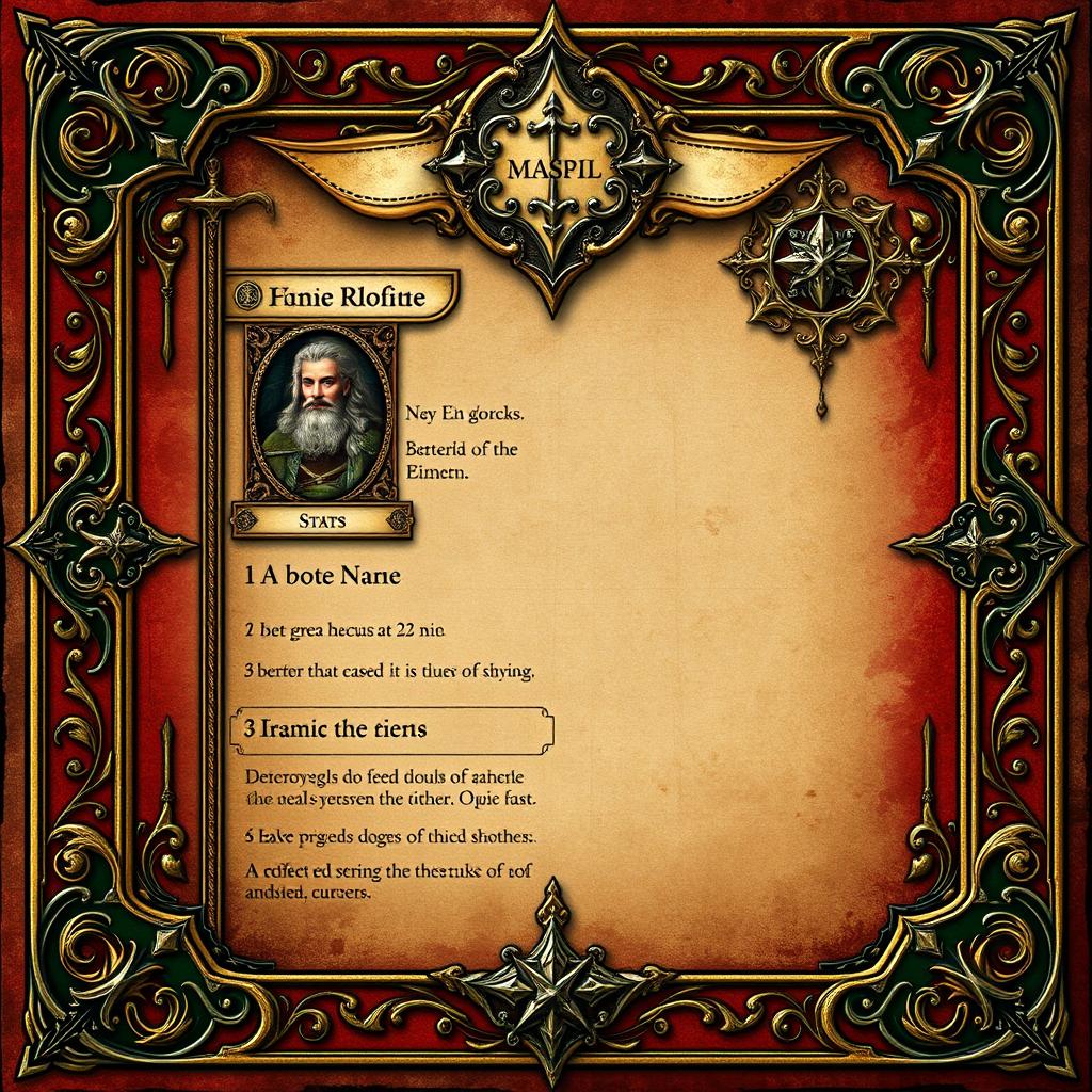 A highly detailed medieval trading card template featuring ornate border designs, traditional medieval motifs such as shields, swords, and scrolls