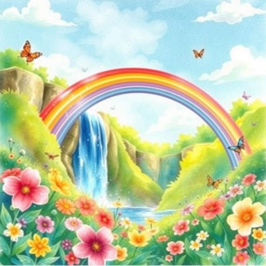 A vibrant watercolor illustration of a stunning rainbow arching gracefully over a majestic waterfall, with cascading water sparkling in the sunlight