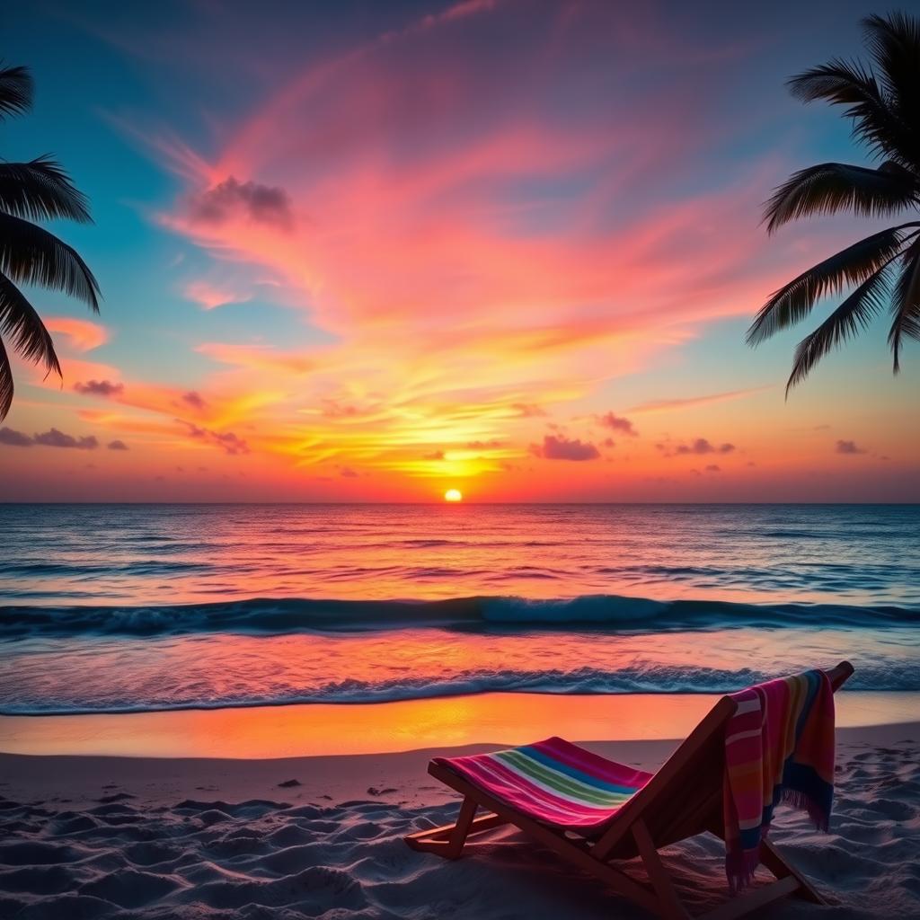A serene beach landscape at sunset, with vibrant orange and pink hues in the sky reflecting on the calm waters