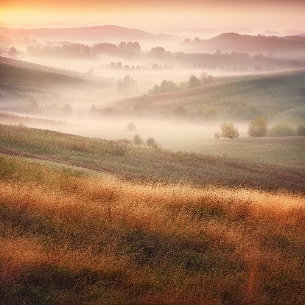 Develop a realistic, enhanced landscape image portraying the ephemeral beauty of dawn over rolling country hills, capturing the soft sunrise hues, the morning mist, and the calm ambiance.