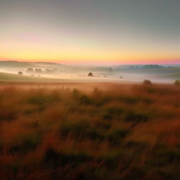 Develop a realistic, enhanced landscape image portraying the ephemeral beauty of dawn over rolling country hills, capturing the soft sunrise hues, the morning mist, and the calm ambiance.