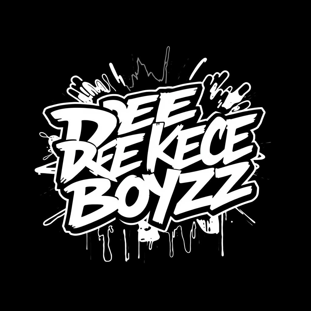 A bold and energetic logo design featuring the text 'DEE KECE BOYZZ' in an expressive graffiti style, rendered exclusively in black and white