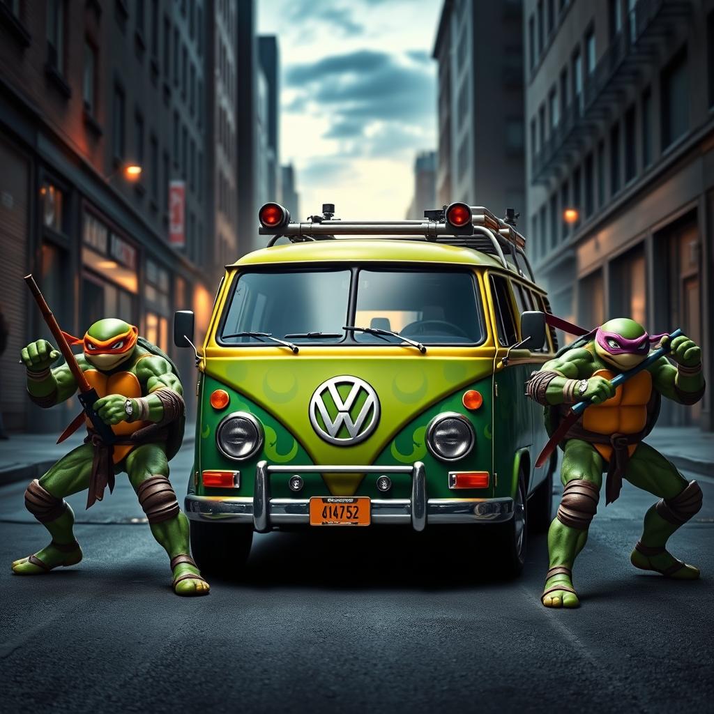 The Teenage Mutant Ninja Turtles, Leonardo, Michelangelo, Donatello, and Raphael, in a fierce warrior stance around a custom VW minivan that embodies their ninja spirit