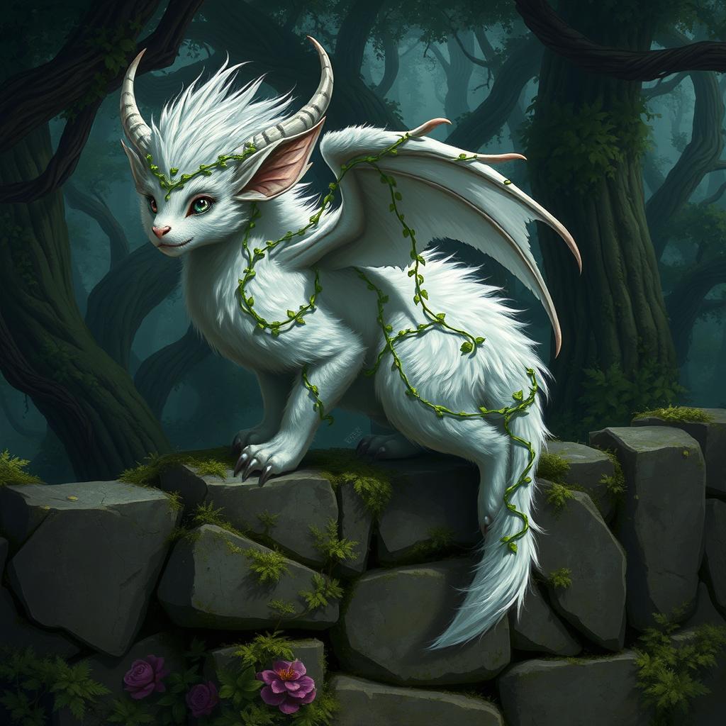 A high fantasy concept art illustration of a fluffy silver beast with gracefully folded wings and large, expressive ears
