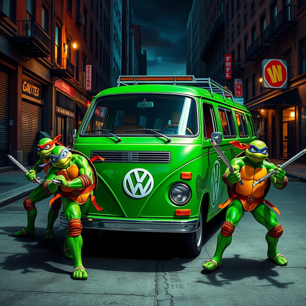 The Teenage Mutant Ninja Turtles, Leonardo, Michelangelo, Donatello, and Raphael, positioned in aggressive warrior stances around a customized VW minivan that showcases their vibrant personalities and ninja spirit