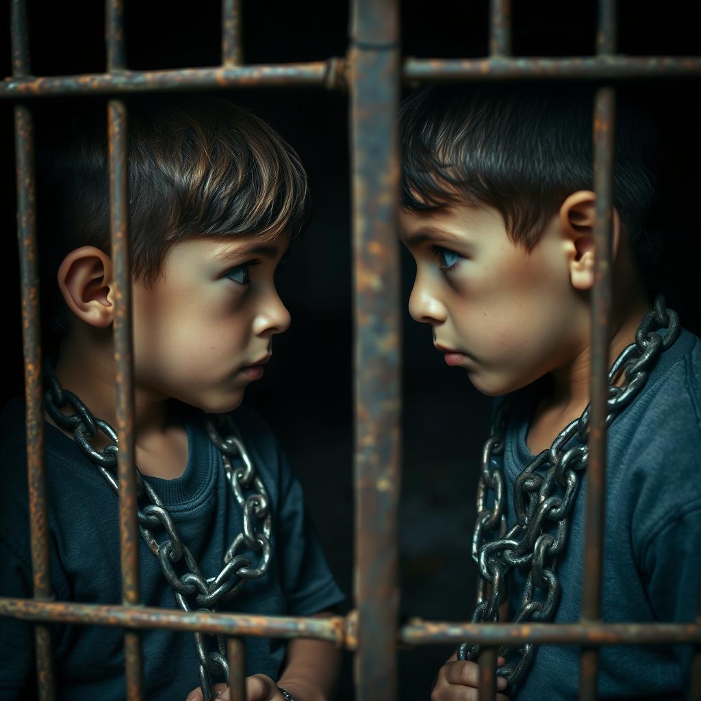 Two boys, both ten years old, locked in a small cage, staring intently at each other's faces