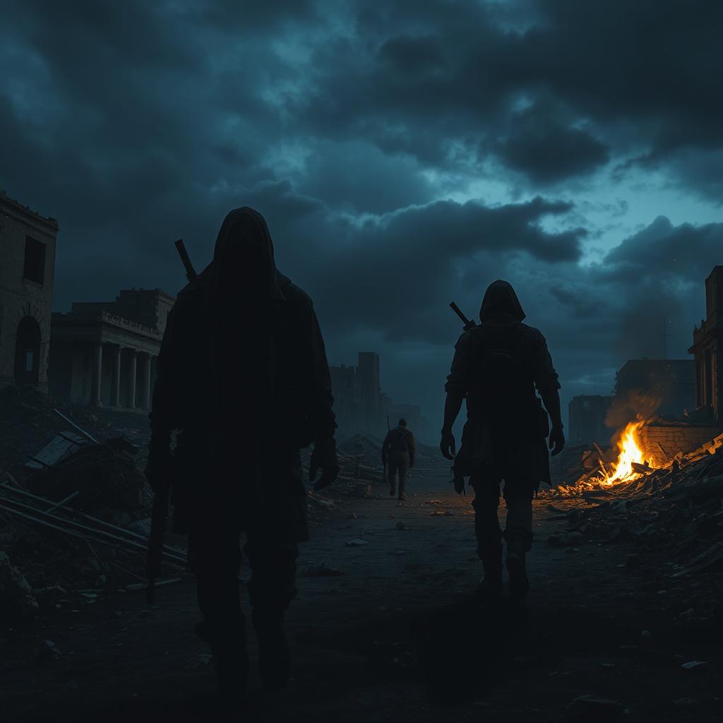 A dark, dystopian scene set in a war-torn environment during the night