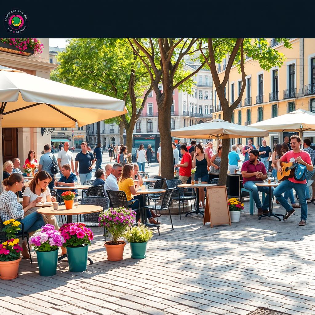 An inviting outdoor café scene in a vibrant city square, featuring various tables with sun umbrellas, with patrons enjoying coffee and pastries
