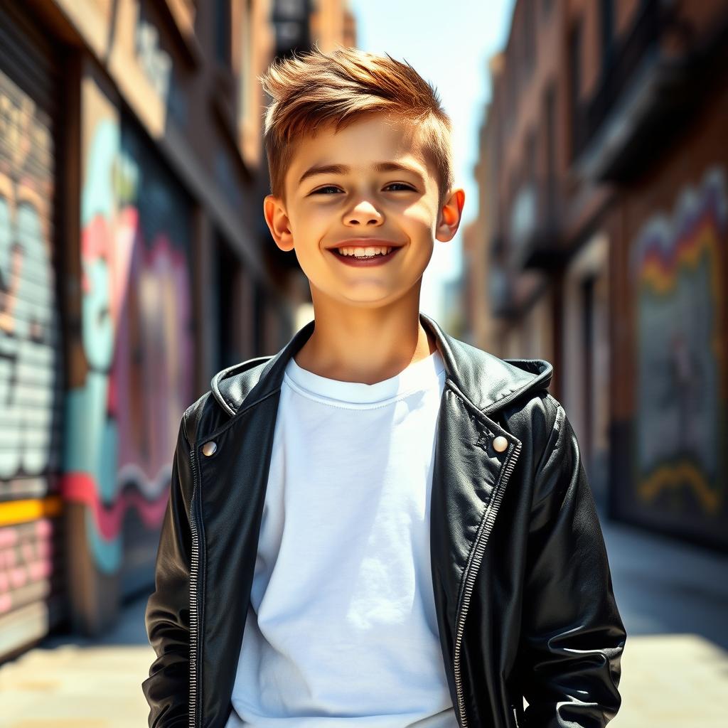 A stylish young boy wearing a white T-shirt paired with a sleek black jacket, exuding a cool and casual vibe