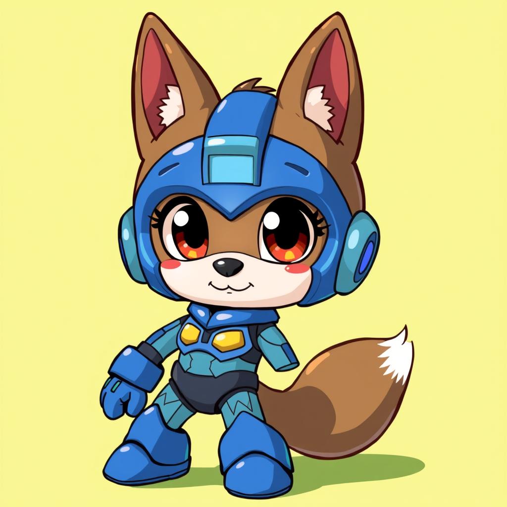 A charming scene featuring a cute Silvanian Families wolf character dressed in a blue Mega Man-inspired suit, showcasing their playful and whimsical nature
