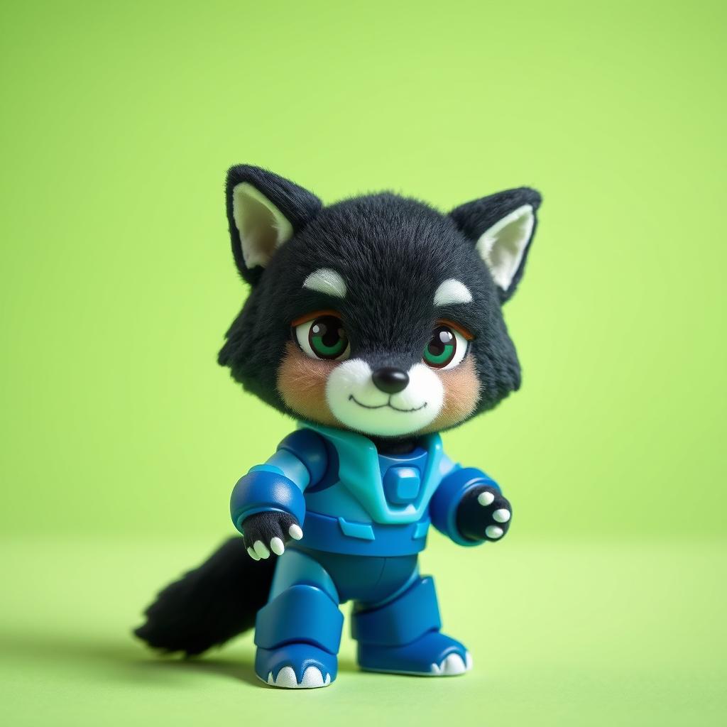 A delightful image showcasing a Calico Critters wolf character with striking black fur, adorned in a blue Mega Man-inspired suit