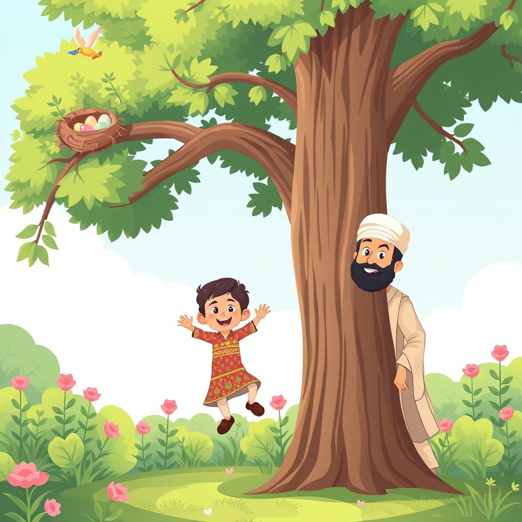 A cartoon clipart style illustration of a peaceful garden featuring a tall, leafy tree