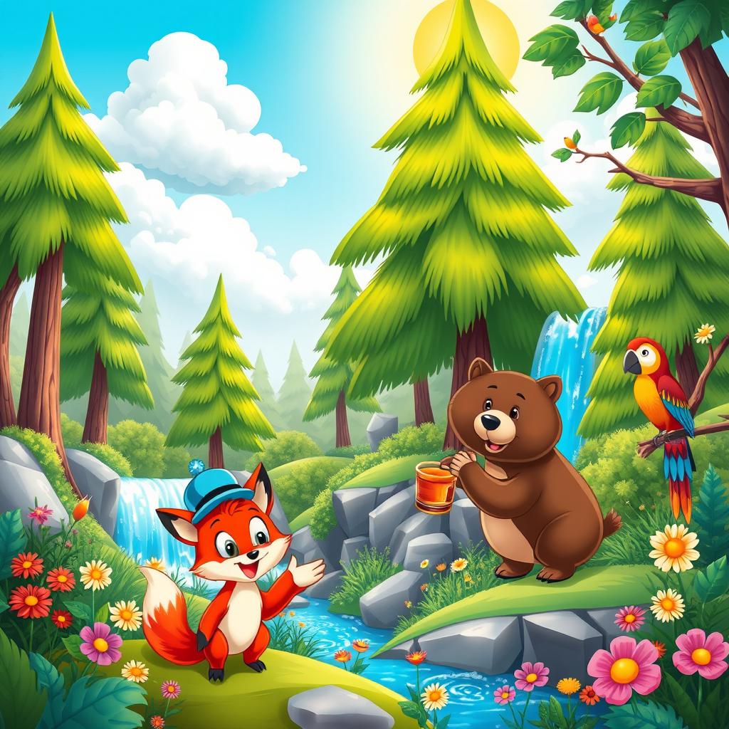 A whimsical cartoon scene featuring playful animals in a vibrant forest