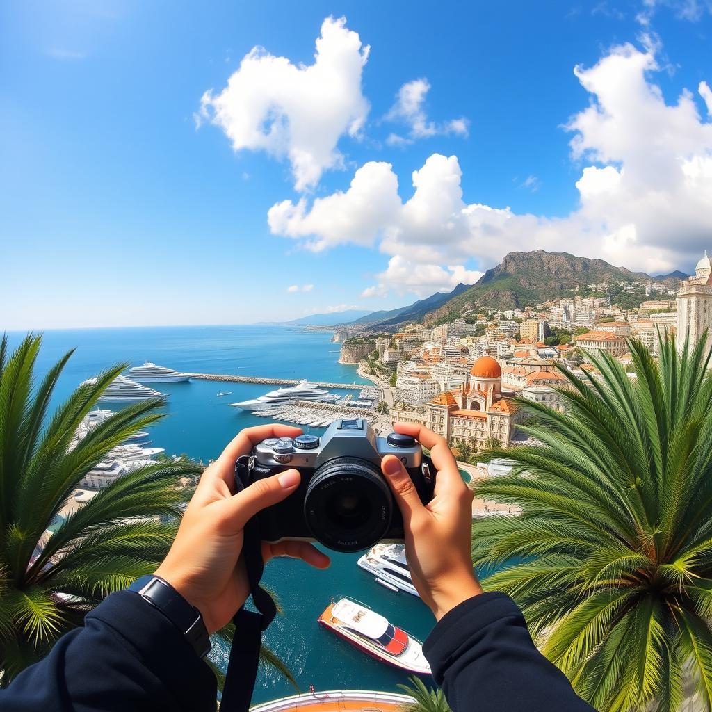 A stunning first-person view of Monte Carlo, showcasing the beautiful Mediterranean coastline, luxurious yachts in the harbor, and the iconic Casino de Monte-Carlo