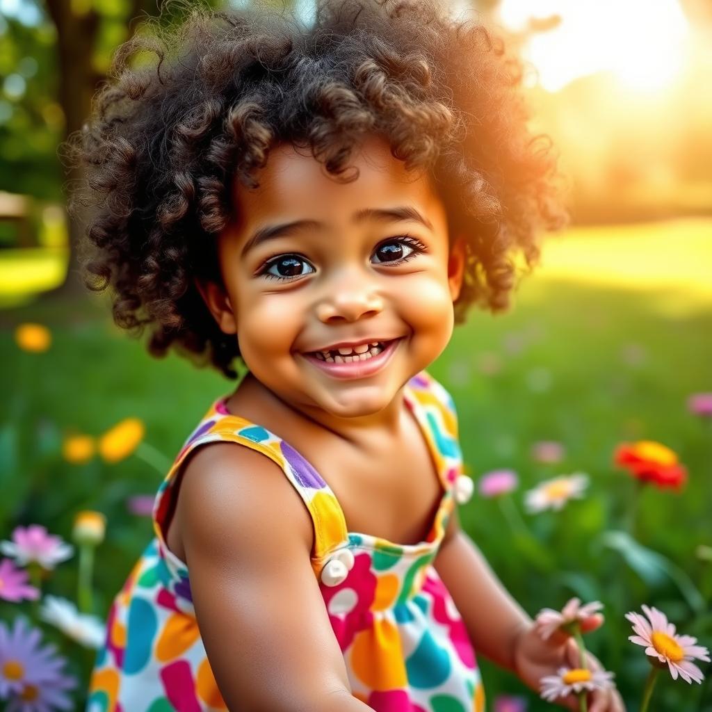 A beautiful child blending features of both parents, with bright expressive eyes, curly hair, and a joyful smile