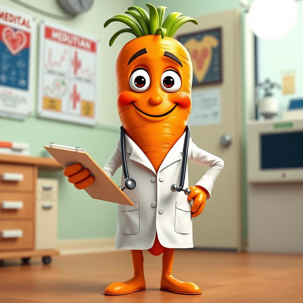 A realistic carrot character portrayed as a doctor, complete with small hands and legs, wearing a white lab coat and a stethoscope around its neck