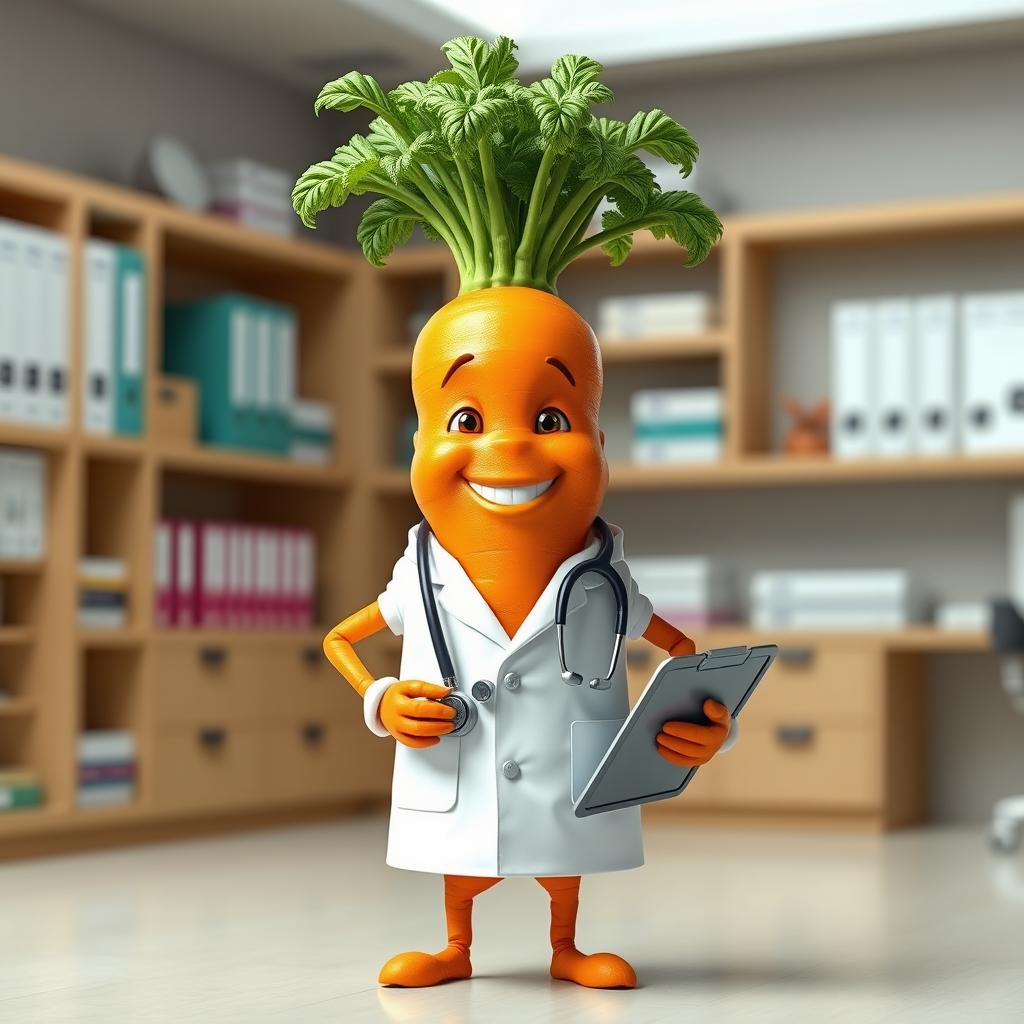 A very realistic carrot character designed with small, articulated hands and legs, depicted as a doctor