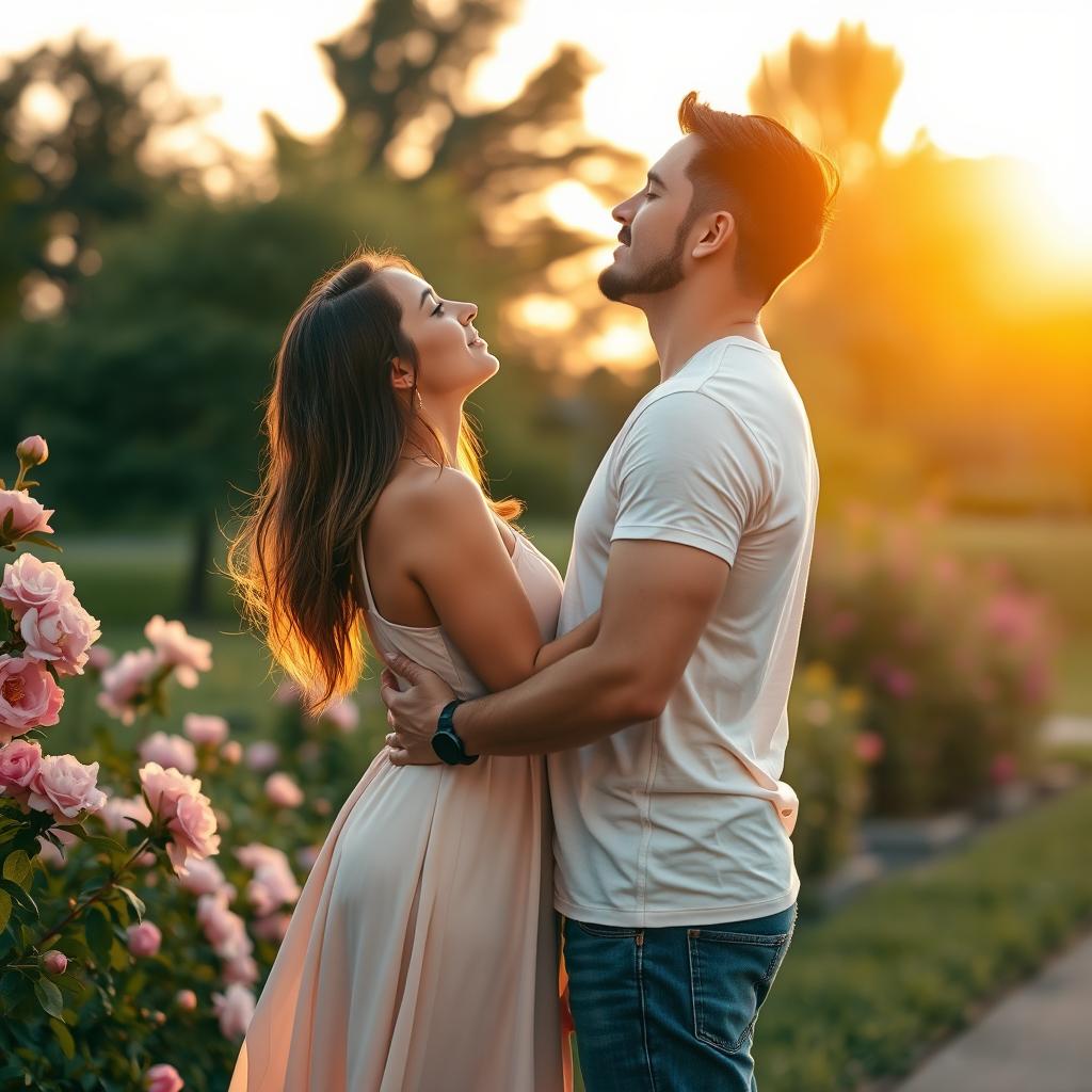 A romantic scene of a couple sharing a tender kiss in a beautiful park during sunset
