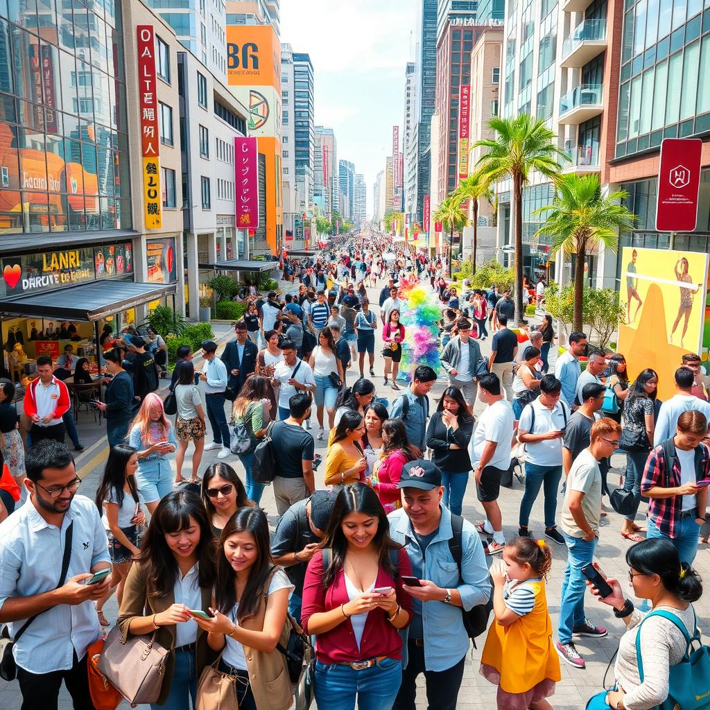A vibrant urban scene filled with modern people engaging in various activities, showcasing diversity in fashion and styles