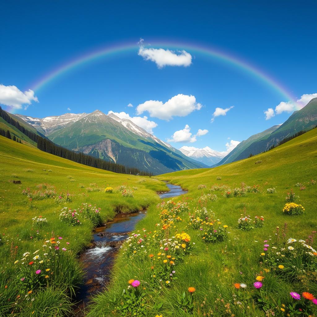 A picturesque landscape featuring a lush green meadow with colorful wildflowers in bloom, under a bright blue sky with a few fluffy white clouds scattered about