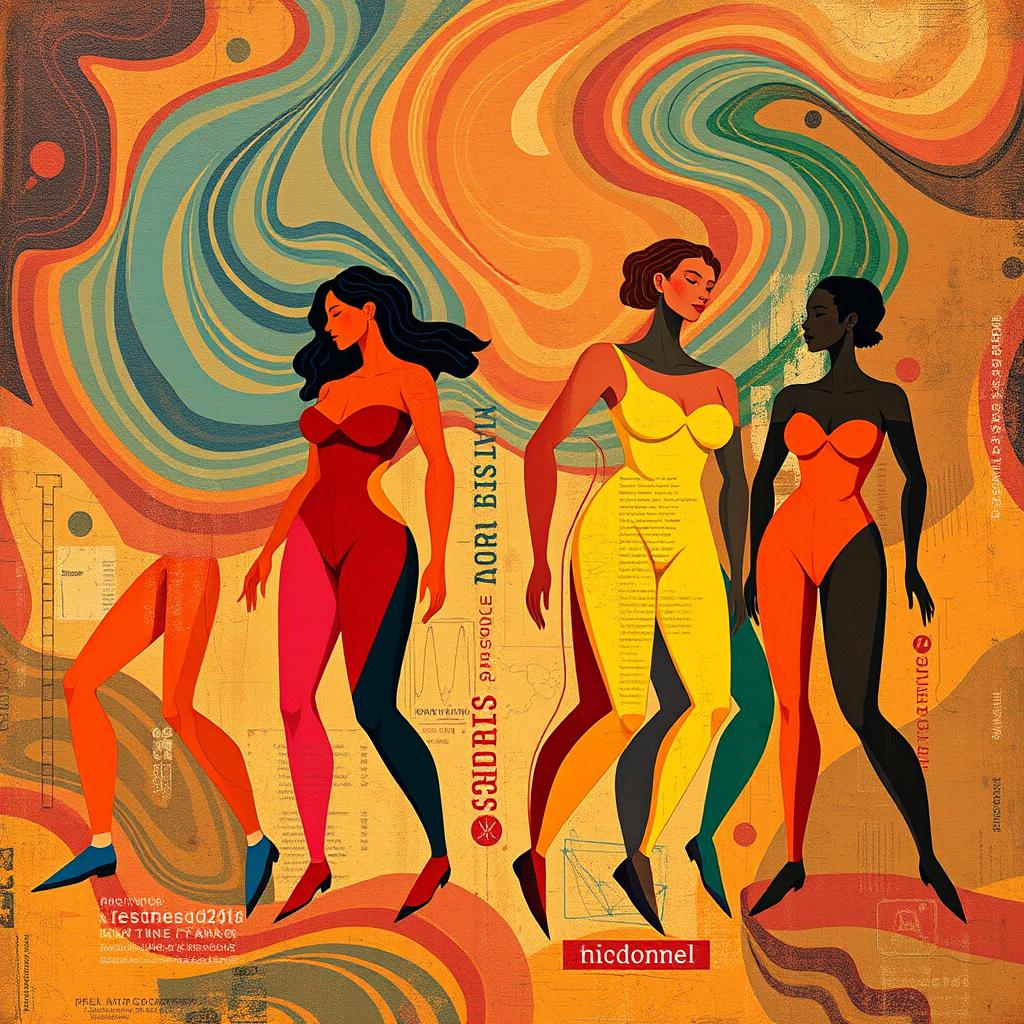 An abstract representation of people in a vibrant and colorful style, featuring dynamic shapes and flowing forms