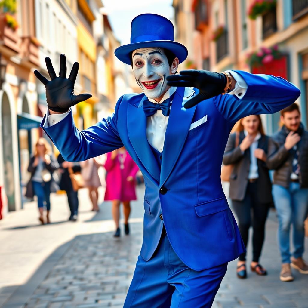 A full-body portrait of a suave mime artist dressed in a stunning blue suit, showcasing their expressive face and playful gestures, with a picturesque street setting in the background filled with vibrant colors