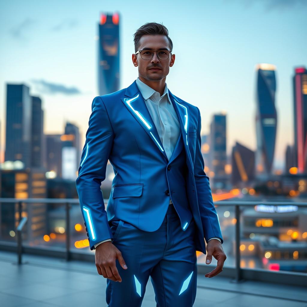 A full-body portrait of a stylish man wearing a sleek, futuristic blue suit, featuring high-tech design elements such as glowing accents and geometric patterns