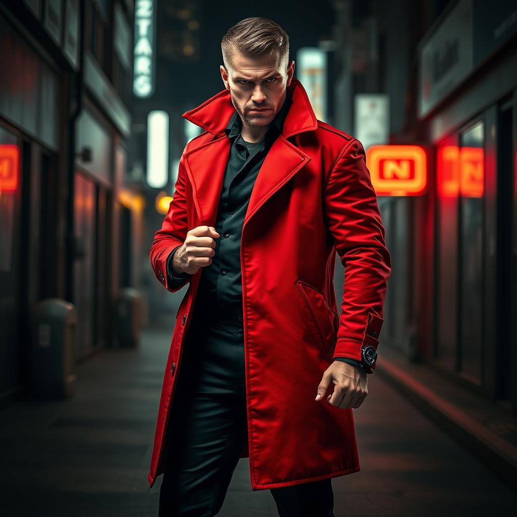 A full-body portrait of an angry man dressed in a red futuristic detective suit, featuring a long, stylish jacket with high-tech design elements