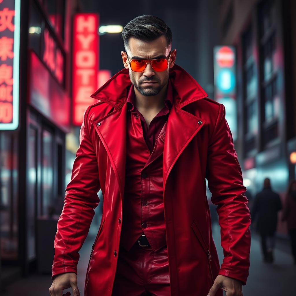 A full-body portrait of an angry man dressed in a striking red futuristic detective suit, featuring a long, high-tech jacket with sharp lines and intricate details