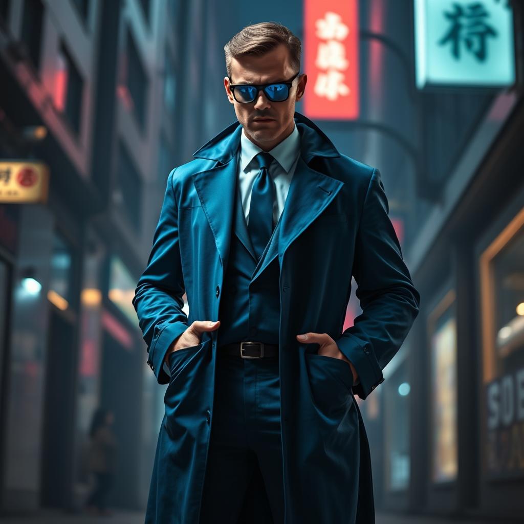 A full-body portrait of an angry man dressed in a blue futuristic detective suit, complete with a long, stylish jacket that features high-tech design elements and sharp lines
