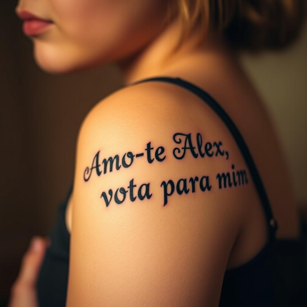 A close-up image of a girl’s arm adorned with a beautifully styled tattoo that reads “𝕬𝖒𝖔-𝖙𝖊 𝕬𝖑𝖊𝖝, 𝖛𝖔𝖑𝖙𝖆 𝖕𝖆𝖗𝖆 𝖒𝖎𝖒”