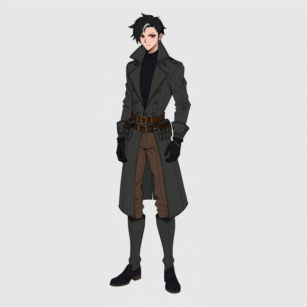 A character wearing a long, dark trench coat with a high collar, over a black shirt
