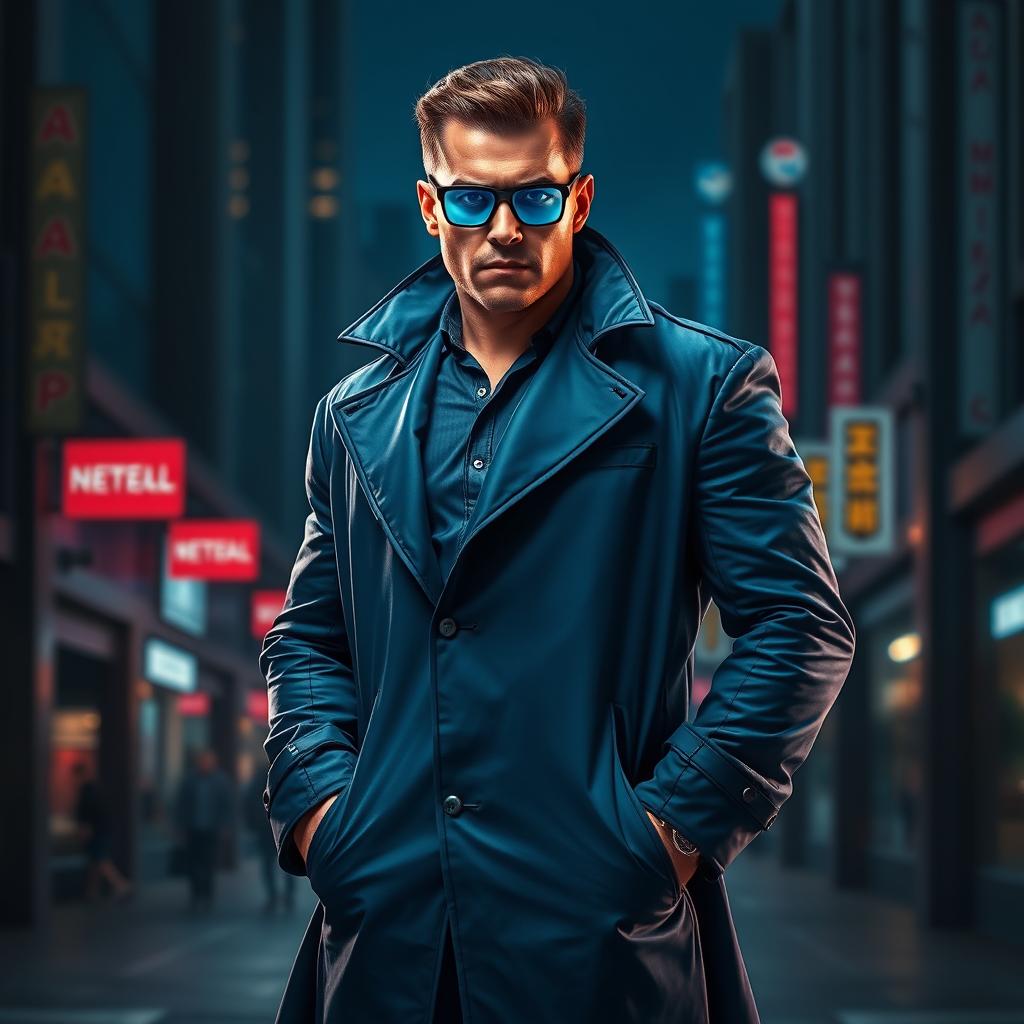 A full-body portrait of an angry, muscular man dressed in a blue futuristic detective suit, featuring a long, stylish jacket designed with sleek, high-tech details