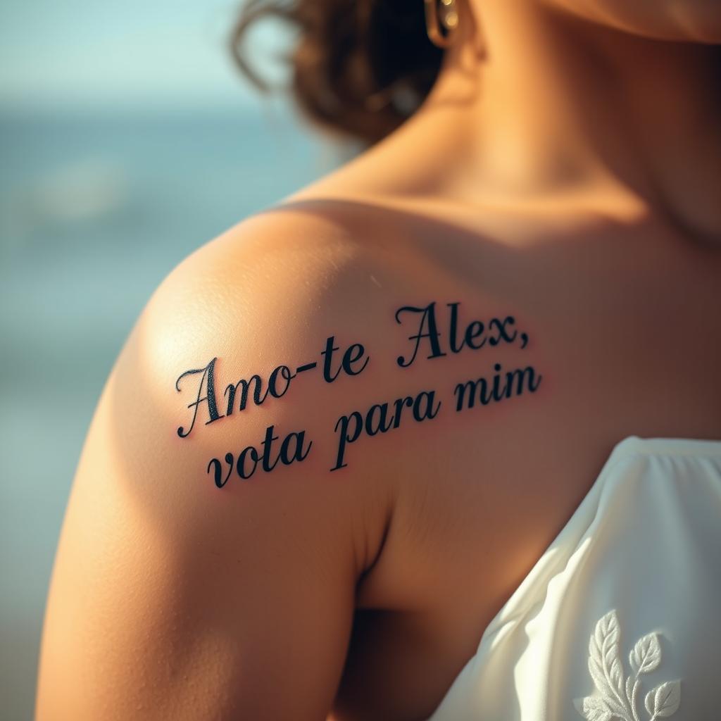 A close-up image of a girl’s arm showcasing a tattoo that reads “Amo-te Alex, volta para mim” in a captivating font that resembles “𝕬𝖒𝖔-𝖙𝖊 𝕬𝖑𝖊𝖝, 𝖛𝖔𝖑𝖙𝖆 𝖕𝖆𝖗𝖆 𝖒𝖎𝖒”