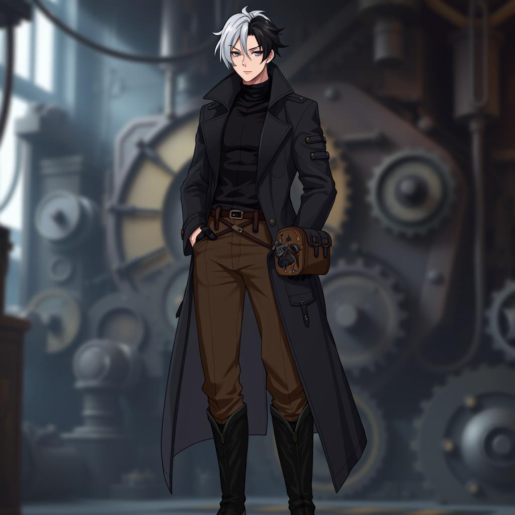 A character dressed in a long, dark trench coat with a high collar, layered over a fitted black shirt