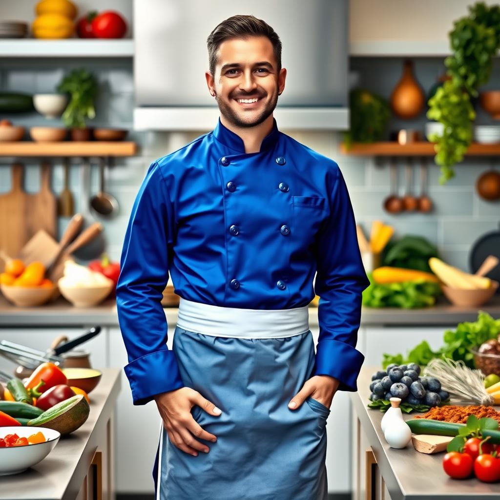A full-body portrait of a male chef dressed in a smart blue chef's uniform, complete with a tailored jacket and white apron
