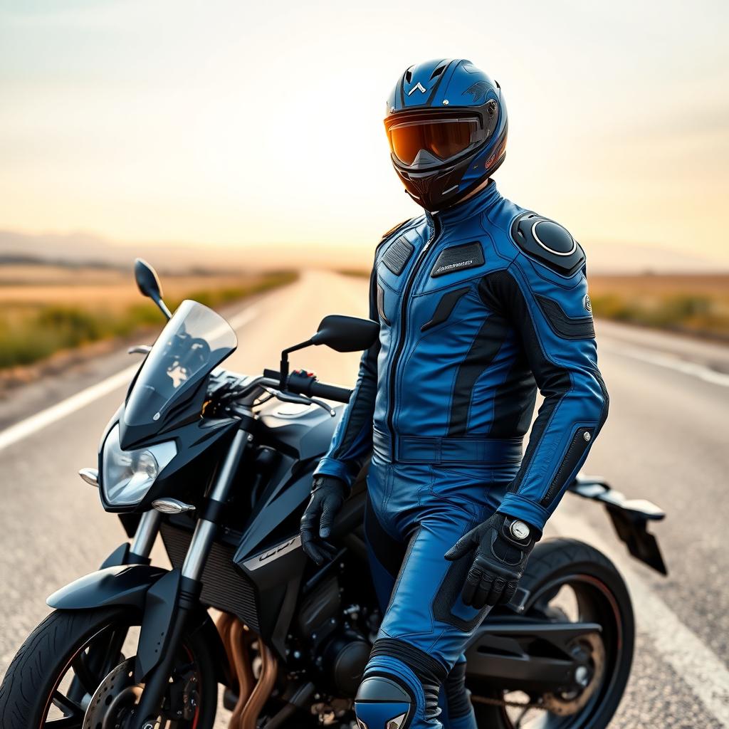 A full-body portrait of a male motorcyclist dressed in a striking blue leather suit, designed for both style and performance