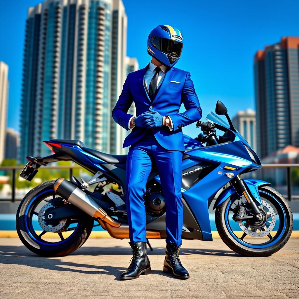 A stylish motorcyclist wearing a blue suit, with a sleek motorcycle parked beside him